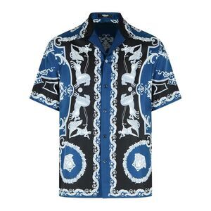 Versace Regular Shirt In Black And Blue Printed Silk Twill Men